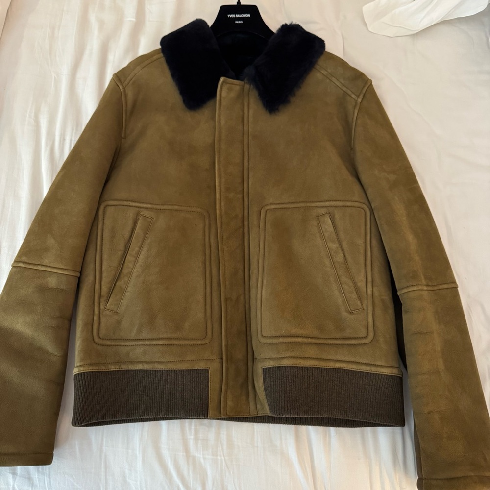 Yves Salomon Tan Jacket with Navy Blue Fur Collar and Interior
